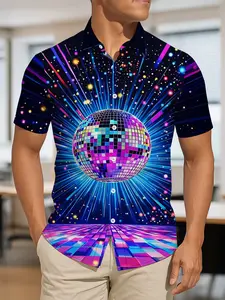 Fashionable Disco Ball Pattern Short-sleeve Shirt with Trendy Sequins Light Print Design Comfortable Breathable Daily Casual Party Versatile Top for Men