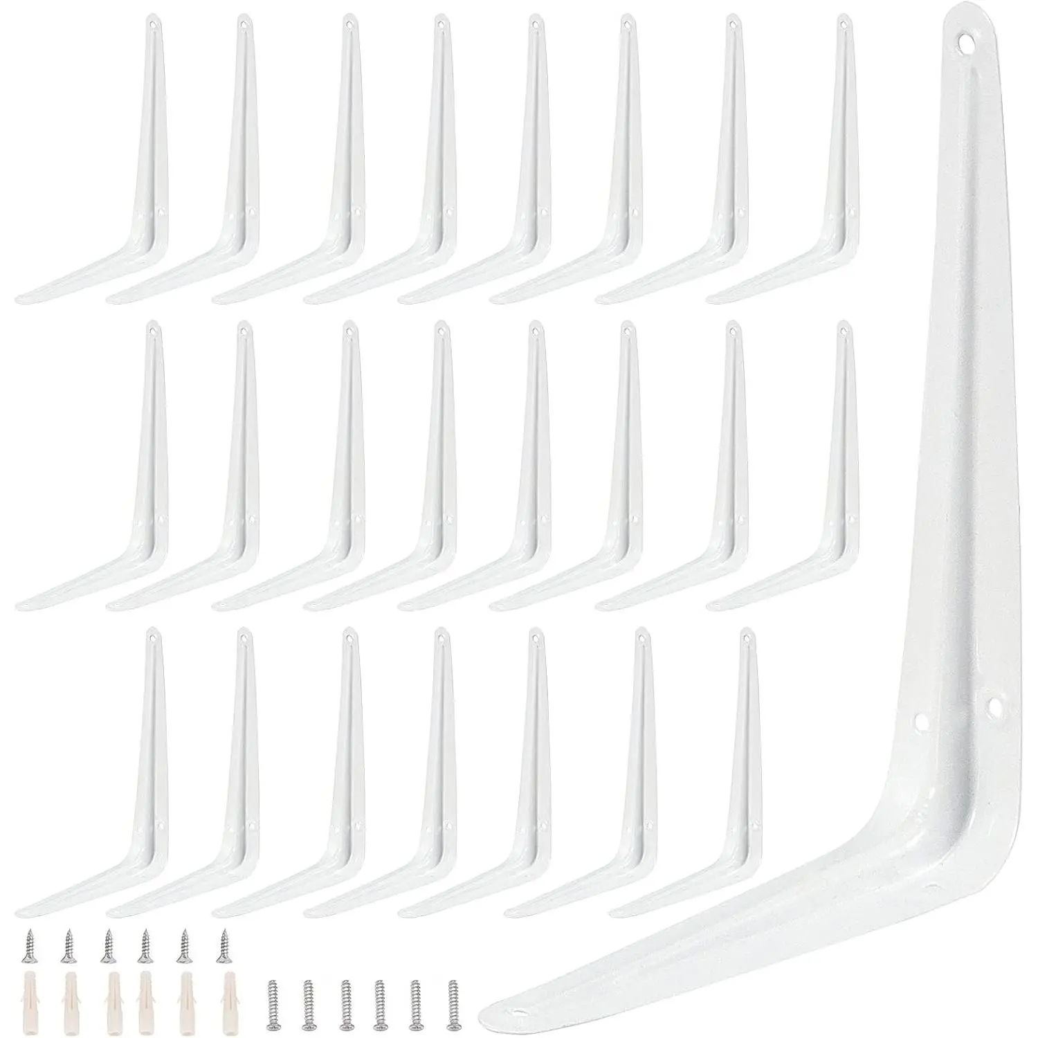 24 Pack 6 x 8 Inch White Shelf Brackets, Heavy Duty L Bracket Support with 144 Screws and 72 Expansion Tubes, Metal Wall Corner Angle Shelving Shelf Bracket for Wall Hanging Shelves