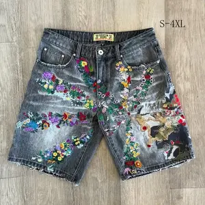American Fashion Embroidered Denim Shorts Harajuku Hip-Hop High Street Denim Shorts Trendy Street Y2K Denim Shorts Men Clothing