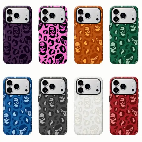 Y2K Skull Leopard Print Plastic Phone Case - Shockproof Dual-Layer Casing, Custom Grunge Goth Aesthetic Phone Guard with Resistance, for iPhone 17/16/15/14/13/12/11/8/7 & Samsung Series, Ideal Gift for Girls