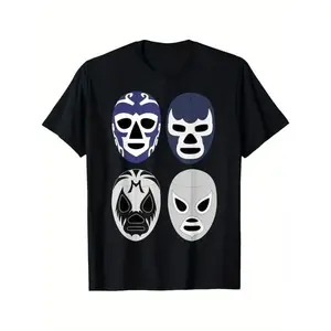 Men's Mex-Art Demon Blue Lucha Libre Mexican Wrestler Legend Cotton Round Neck Short-Sleeve T-Shirt - Casual Menswear Top for Fitness