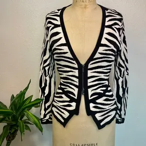 Cache Double Zipper Cardigan in a Zebra Print