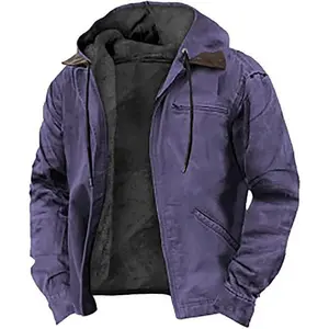 Solid Color Hooded Cotton Jacket Casual Men's Fleece Lined Zipper Pocket Jacket Coat