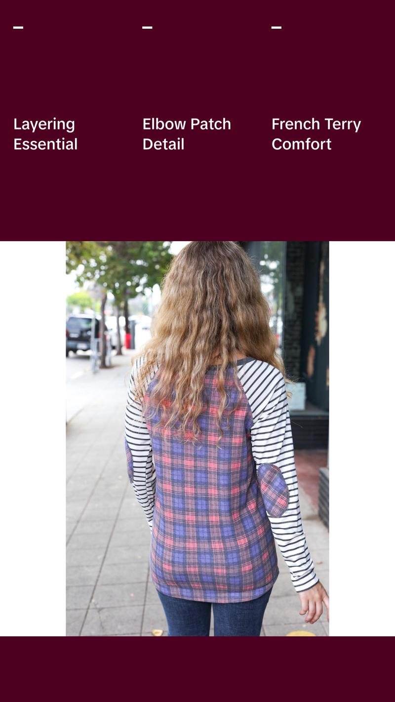 Feeling Playful Plaid/Stripe Outseam Stitch Elbow Patch Pullover