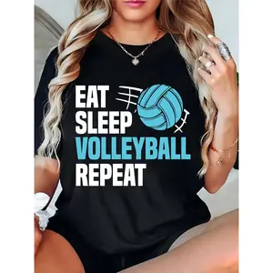 Women's Black Eat Sleep Volleyball Repeat Volleyball Graphic T-Shirt, Casual Sports Tee for Game Day, Training & Volleyball Enthusiasts 100% Cotton T-shirt