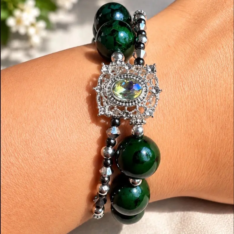 Bodhi Emerald Memory Wire Bracelet - Adorned with Preciosa crystals, Rhinestone Accent with a Classic Elegant Design