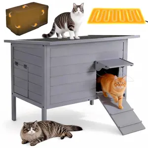 PAWGIANT Large Heated Cat House for Outside, Waterproof Elevated Outdoor Cat Shelter Weatherproof, with Heating Pad with Safe Escape Door, Outdoor Cats House with Heated for Barn Cats, Gray, 34.6"X21.7"X27.2"