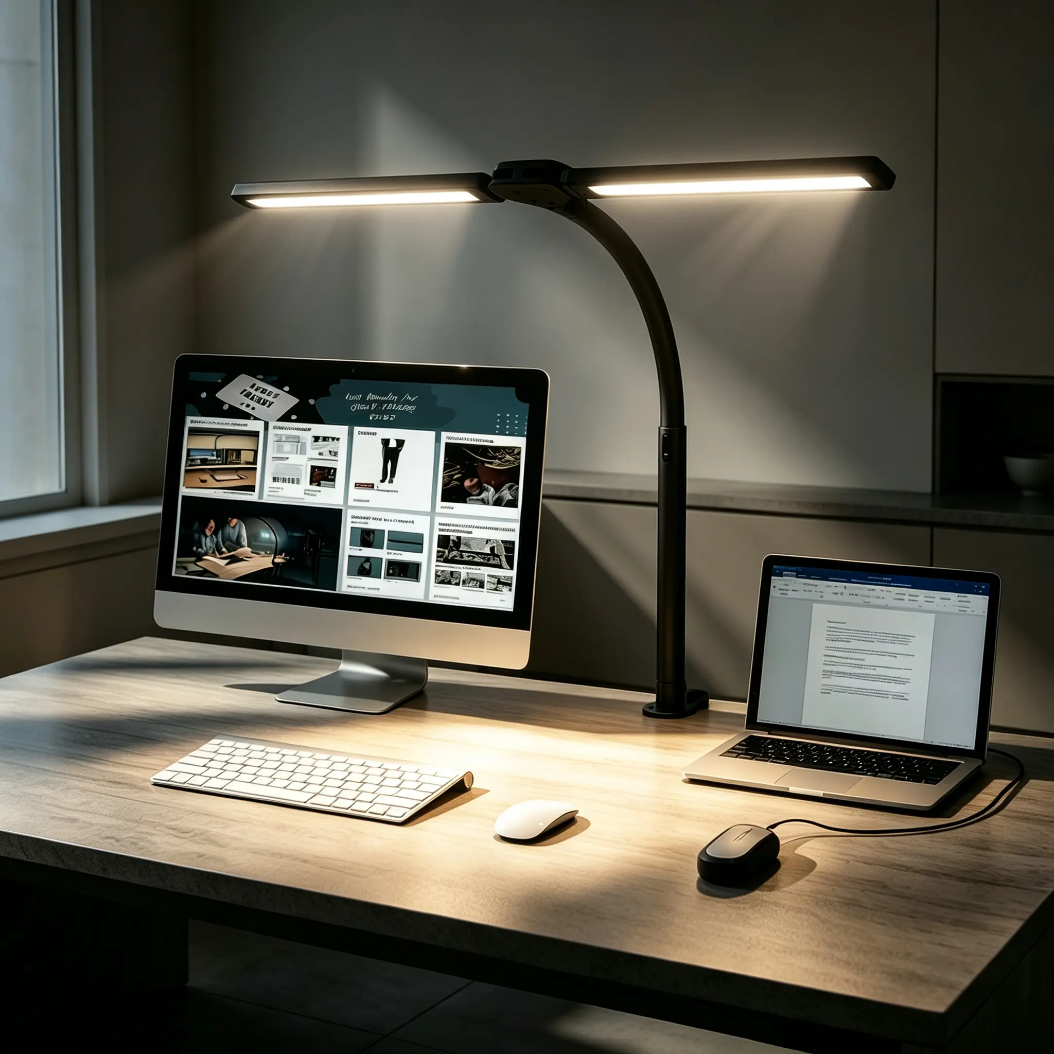Black Clamp-On LED Desk Lamp - Eye-Care Architect Task Light for Home Office, Smart Double-Head Computer Monitor Lamp, Adjustable Flexible Goose-Neck, 25 Lighting Modes