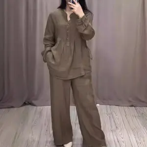 Fashionable and Comfortable Cotton and Linen Long-sleeved Half-open Casual Pleated Wide-leg Pants Suit Clothing Elegant Solid Womenswear