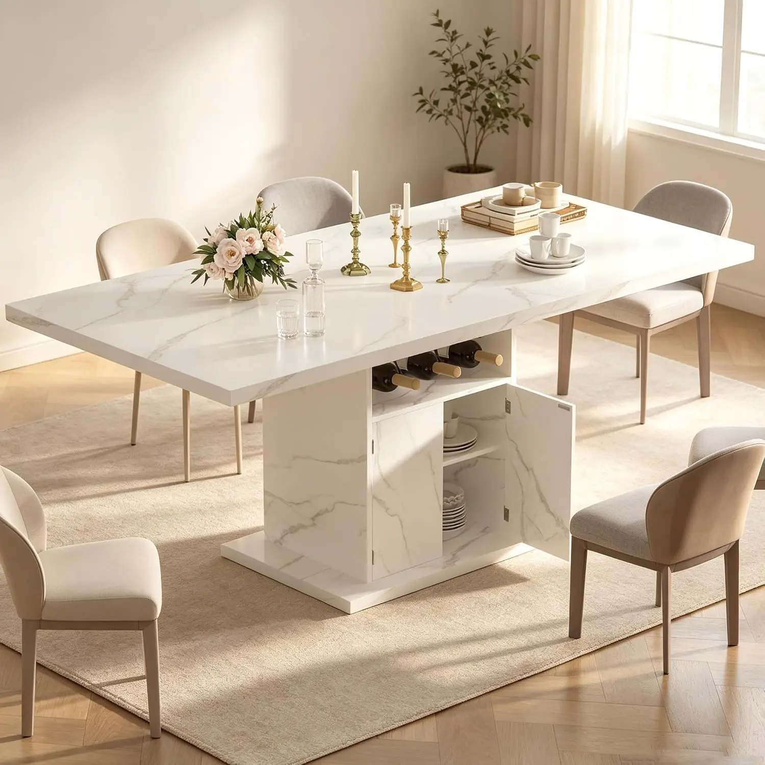 Extendable Dining Table for 4-6, 47-63 Inch Faux Marble Rectangle Kitchen Table with Storage Shelves and Wine Rack, Expandable Modern Rectangular Dinner Table for Kitchen, Dining Room