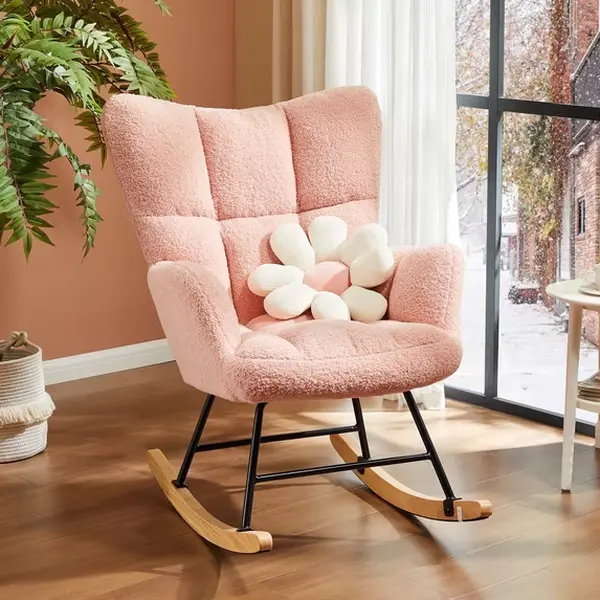 Teddy Fabric Swing Chair with high backrest and padded seat cushion, soft relaxing lounge placed at master bedroom leisure corner for daily rest.