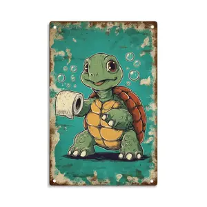 Cute Turtle Holding Toilet Paper Tin Sign， Vintage Adorable Turtle with Toilet Paper Metal Sign Print Aesthetic Room Decoration for Home Bedroom Kitchen Bar Dorm Bathroom Wall Decor 8 X 12 Inch