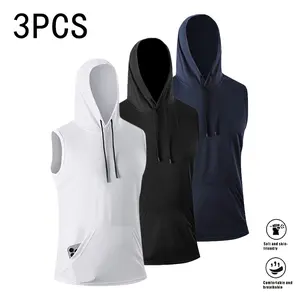Men’s hooded sports top, solid-color sleeveless tank with hood drawstring; casual lightweight men’s fitness wear made from polyester fabric—cool, breathable, quick-drying, suitable for gym workouts, running, cycling, fishing, basketball, and home activiti