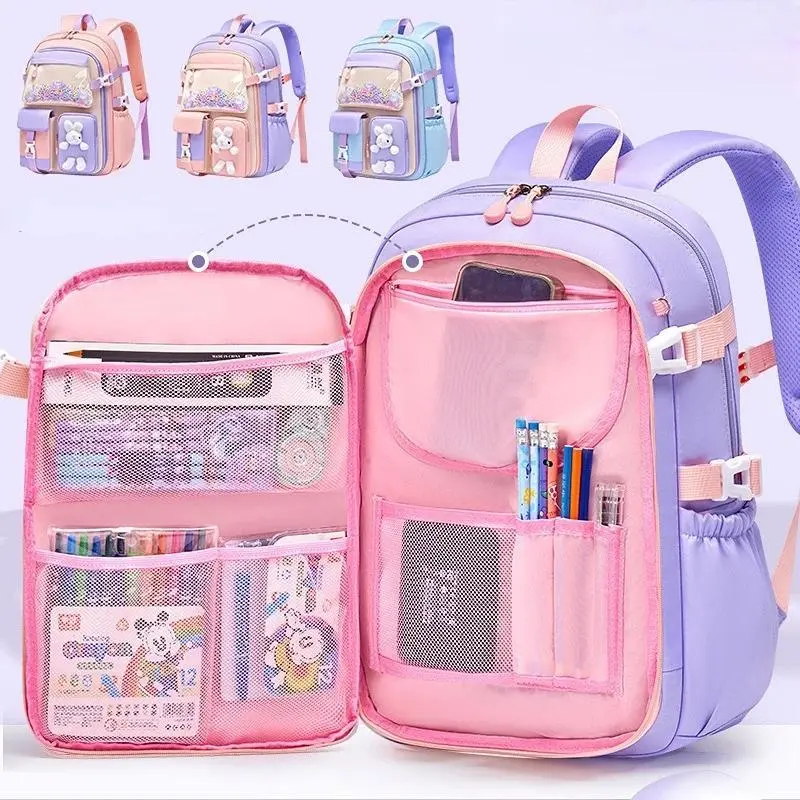 Primary School Backpack 1-5 Grade Cute Colorful School Bag For Girls Waterproof Large Capacity Cartoon rabbit Mochila Escolar
