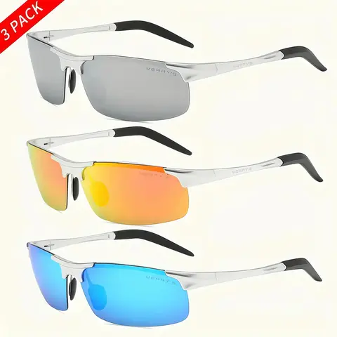 Paleshy 3 Pcs Vintage Driving Fashion Eyewear,Half-rim Aluminum Alloy Frames, Suitable for Running and Outdoor Activities Polarized Sunglasses Modern