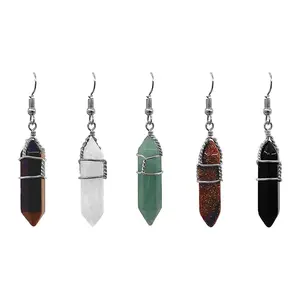 Wire Wrapped Hexagonal Stone Crystal Point Dangle Earrings
