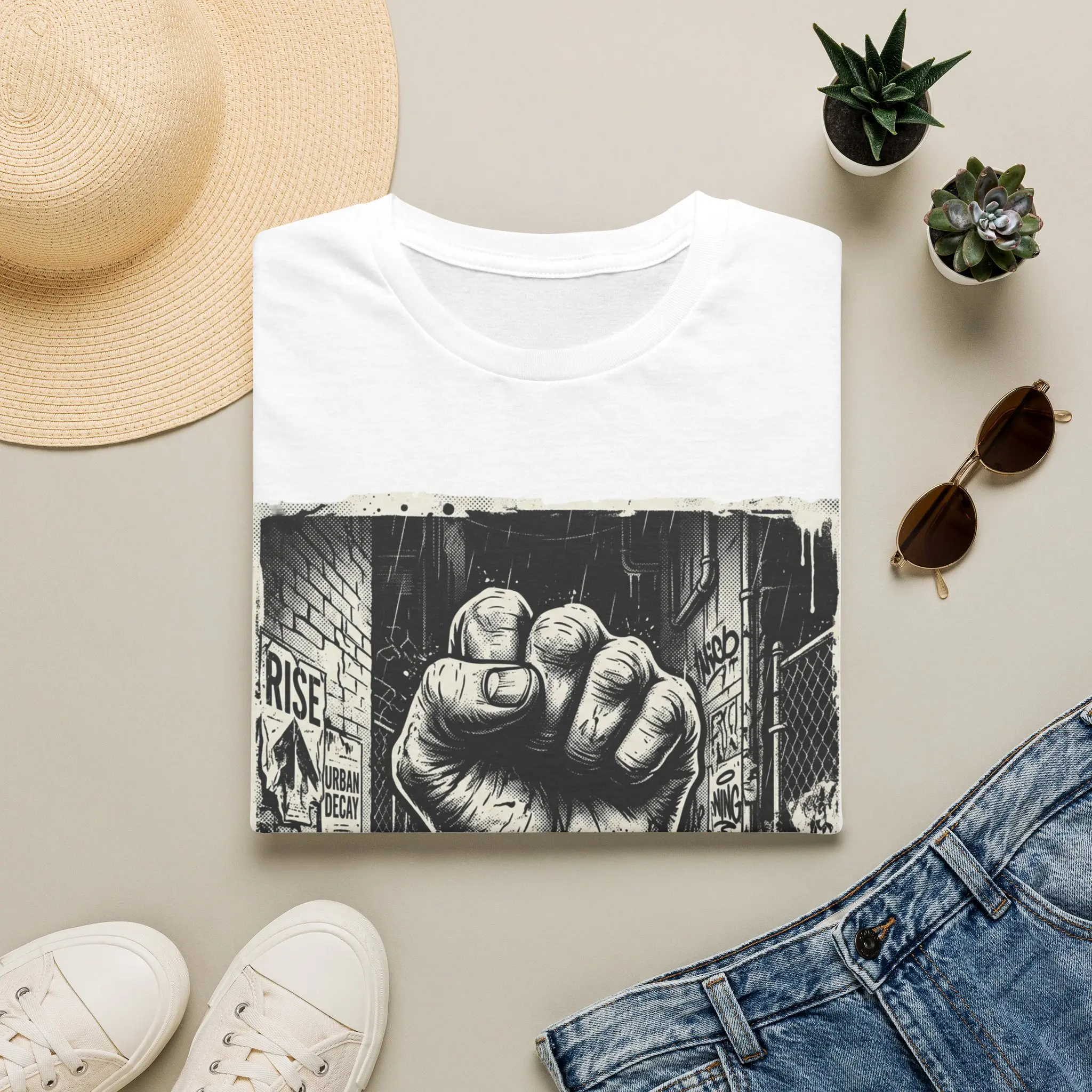 Raised Fist Graphic T-Shirt | Protest Street Art, Black and White