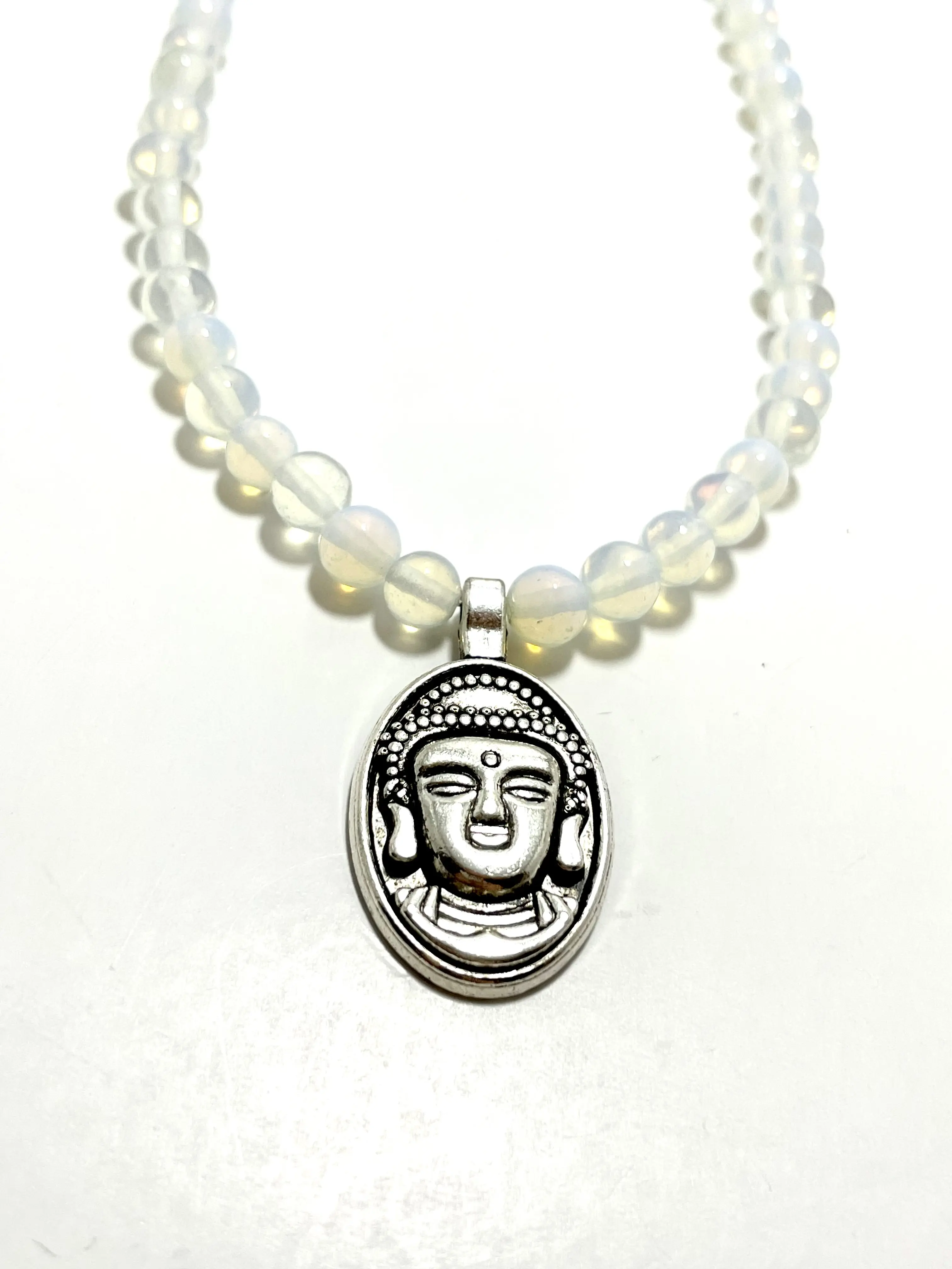 17" Stainless Steel Buddha Choker Adorned With 6mm Opalite Beads
