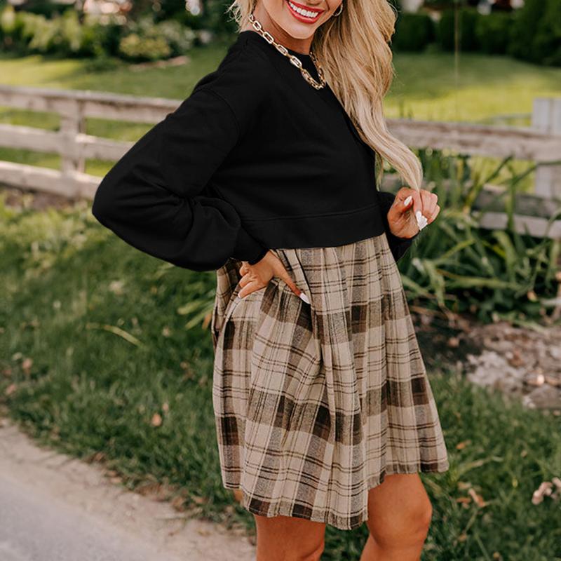 Beige Plaid Patchwork High Waist Sweatshirt Mini Dress For Women
