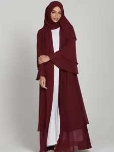 Elegant Two-Layer Chiffon Cardigan, Flowy Fitted Long Sleeve Robe with Headscarf, Casual Spring & Fall Fashion