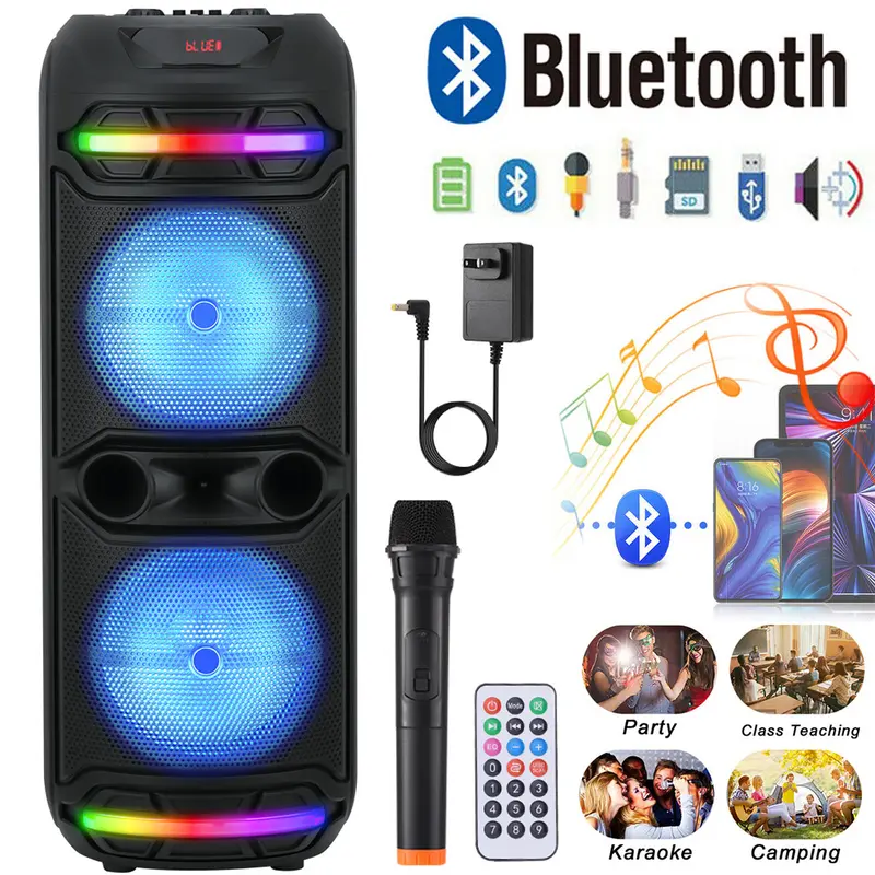 Portable Bluetooth Bass Speaker with 12" Dual Subwoofers, Rechargeable Stereo System, LED Lights, FM Radio, Wireless Microphone, Karaoke System, Aux Jack, Loud Audio for Event Music Setup (Wireless Karaoke, 14” and Above Compatible)