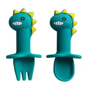 Cute Dinosaur Design Baby Feeding Spoon & Fork Toy Set, 2 Counts/set Soft Silicone Feeding Tool,  Silicone bowl，Baby Feeding Utensils, Play Food Tableware