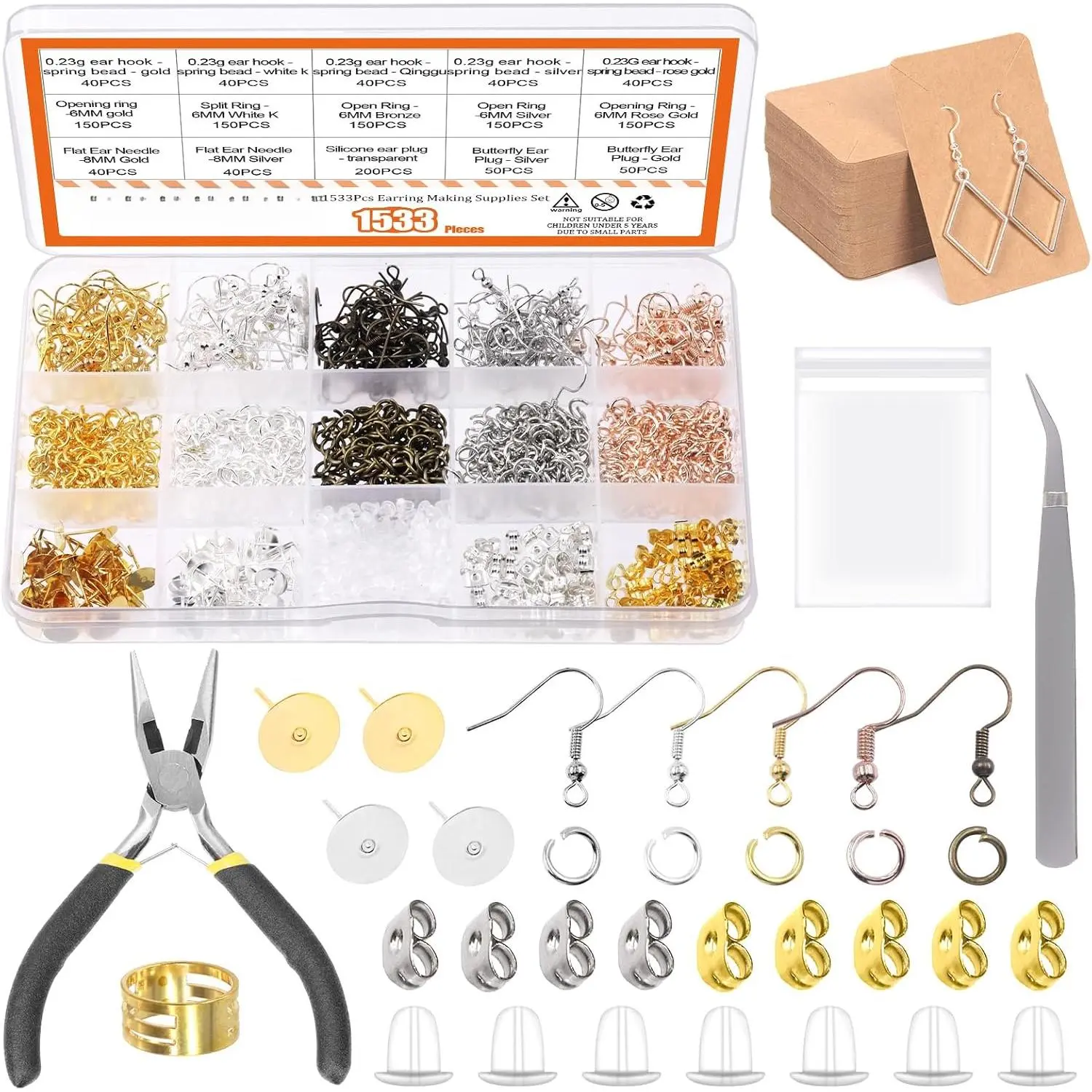 1533Pcs Hypoallergenic Earring Making Supplies Kit with Earring Hook, Earring Back, Earring Posts, Jump Ring, Jewelry Pliers, Earring Holder Card, Clear Bag for Jewelry Making Earring Repair