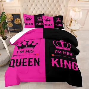 2/3 Piece Romantic Valentine'S Day Themed Bedding Set, Valentine'S Day Gift, King and Queen Printed Crown Married Couple Comforter Set, Suitable for Couples' Bedroom Decoration Set, Soft and Breathable, Including 1 Quilt and 1/2 Pillowcase
