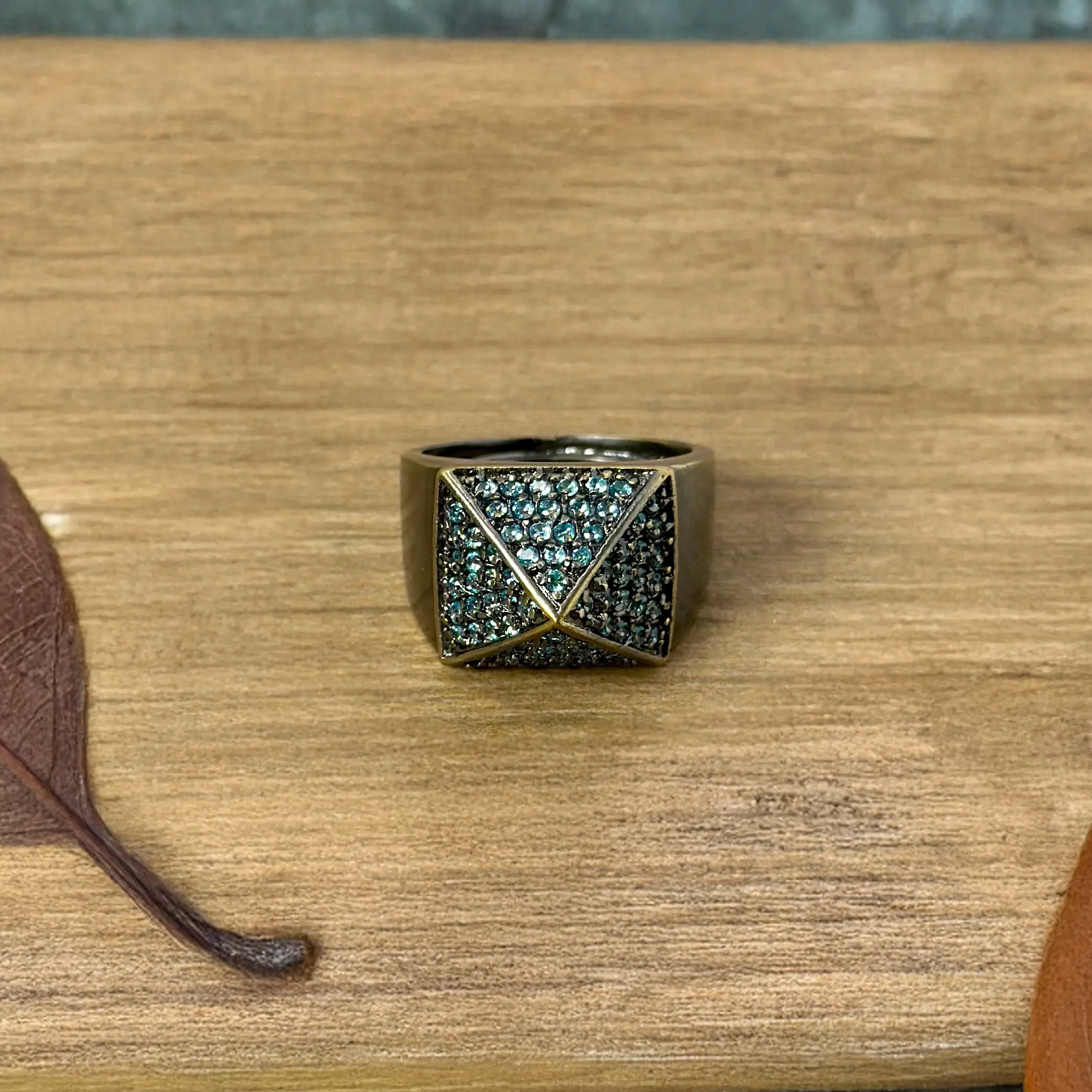 Blue CZ Egyptian Pyramid Ring In Antique Gold, Statement Ring, Boho Chic Jewelry