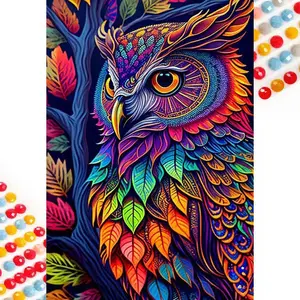 5D Diamond Painting Kit Full Round Drill Owl, Colorful Leaves DIY Mosaic Wall Art, Beginner Craft Set (with Tools), Home Wall Decoration Gift, Diamond Art Kit