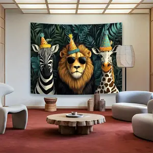 1PC,2D Flat Cartoon Animal Party Theme Backdrop, Jungle Green Plants Zebra Lion Giraffe Decorative Tapestry, Background Wall Decoration Prop for Birthday Party Events Shooting