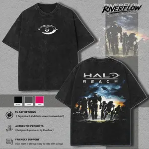 Halo Reach Unisex Washed Cotton T-Shirt, RPG graphic tees Top anime manga game merch Casual Streetwear men  gifts shirts  men Menswear Hoodie Print Straight Tshirt Shortsleeve