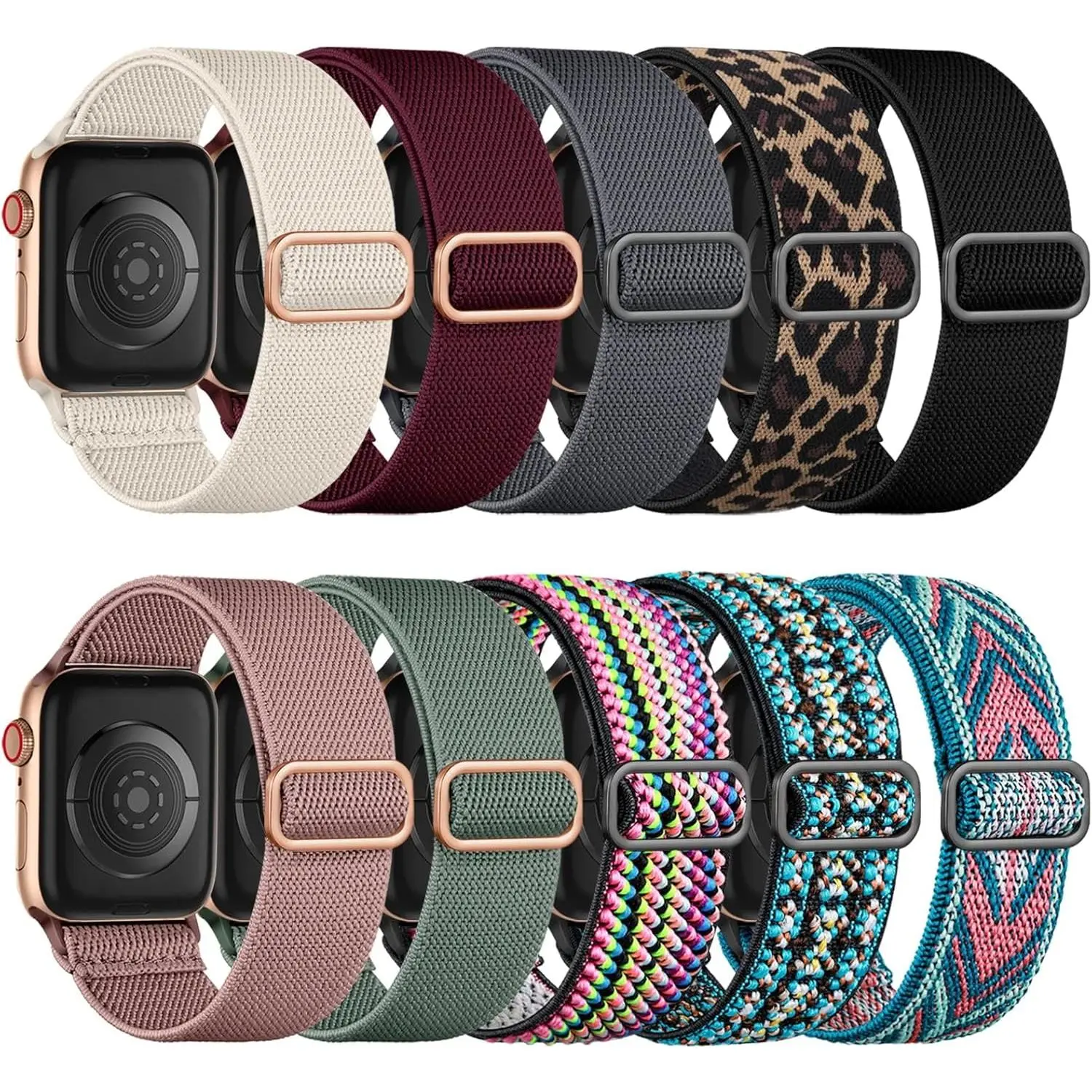 *WBA036-XLL 10 Pack Stretchy Solo Loop Compatible with Apple Watch Band 40mm 38mm 41mm 42mm 44mm 45mm 46mm 49mm Women Men,Soft Nylon Elastic Strap Wristband for iWatch Series 10 9 8 7 6 5 4 3 2 1 SE Ultra