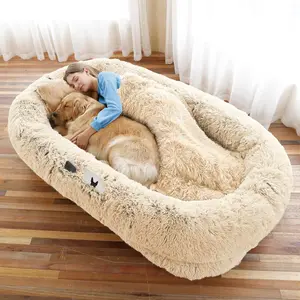 Human Dog Bed, 71''X45''X12'' Size Fits You and Pets, Washable Faux Fur Dog Bed for People Doze Off, Napping Orthopedic Dog Bed, Present Plump Pillow, Blanket, Strap - Beige WROS