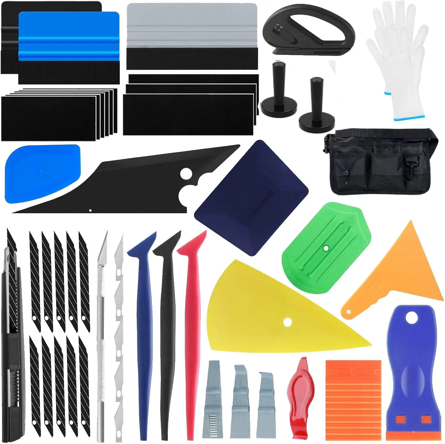 Complete Car Vinyl Wrap & Window Tint Tool Kit, with Gloves & Vinyl Magnetic Holder, Felt Squeegee, Corner Edger, Cutting Tools, Professional DIY Vehicle Wrapping Accessories, Random Color for Smooth Bubble-Free Film Installation