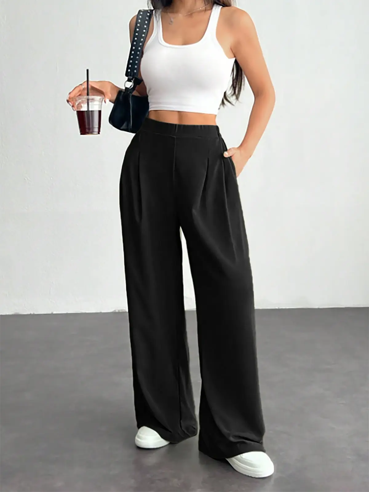 NECOOER Women's High-Waisted Pleated Wide Leg Palazzo Pants - Basic Cotton Drape Fabric Lounge Trousers with Pockets, Soft Flowy Bottom for Fall 2026 Office Work, Travel Wear