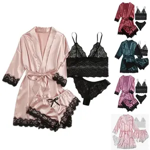 Women Pajama Set 4Pcs Lingerie Floral Lace Trim Cami Long Sleeve Robe with Shorts Sleepwear Nightgown Nightwear