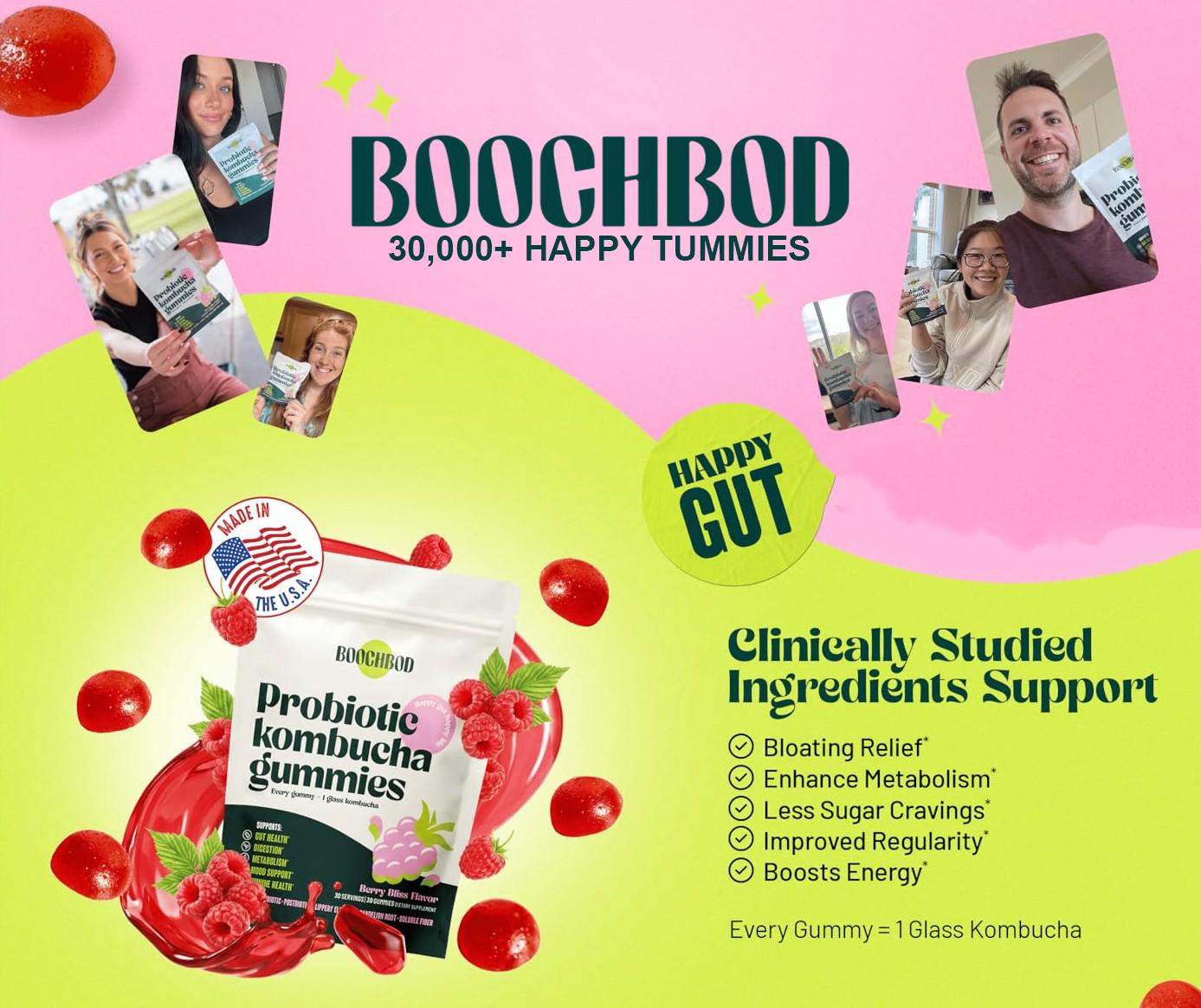 BoochBod Probiotic Kombucha Gummies - Berry Flavored Supplement for Digestive Health & Gut Balance - Daily Dietary Vitamin with Prebiotics, Probiotics, Postbiotics, Slippery Elm, Dandelion Root, MCT Oil, for Bloating, Gut Health