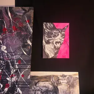 painting of pink screaming cat meme !!