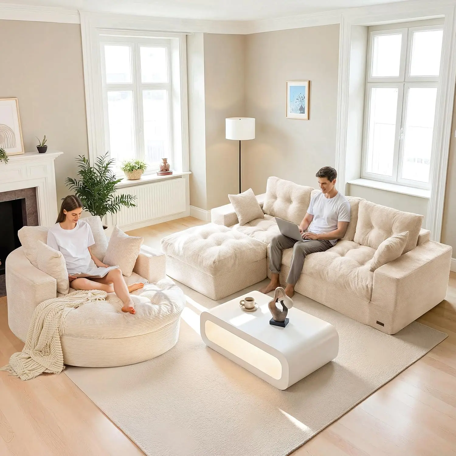 L Shape + Round Chaise Lounge-Beige