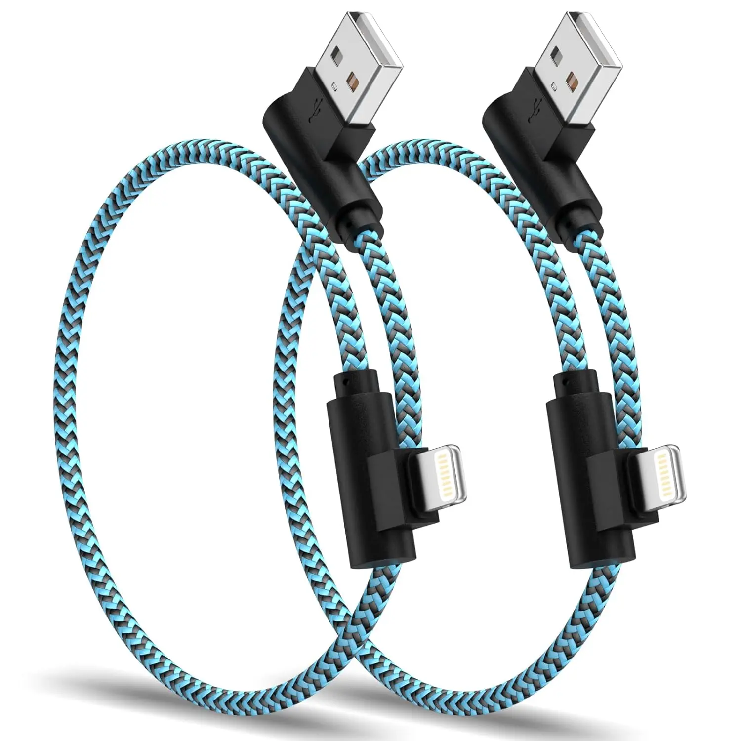 Short for iPhone Charger Cord, 2 Pack USB to Lightning Cable 1FT 90 Degree Braided Short iPhone Cable Fast Charging Compatible with iPhone 14/13/12/11 Pro Max/XS/XR/X/8/7/iPad - Blue Black