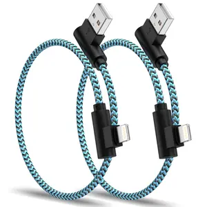 Short for iPhone Charger Cord, 2 Pack USB to Lightning Cable 1FT 90 Degree Braided Short iPhone Cable Fast Charging Compatible with iPhone 14/13/12/11 Pro Max/XS/XR/X/8/7/iPad - Blue Black