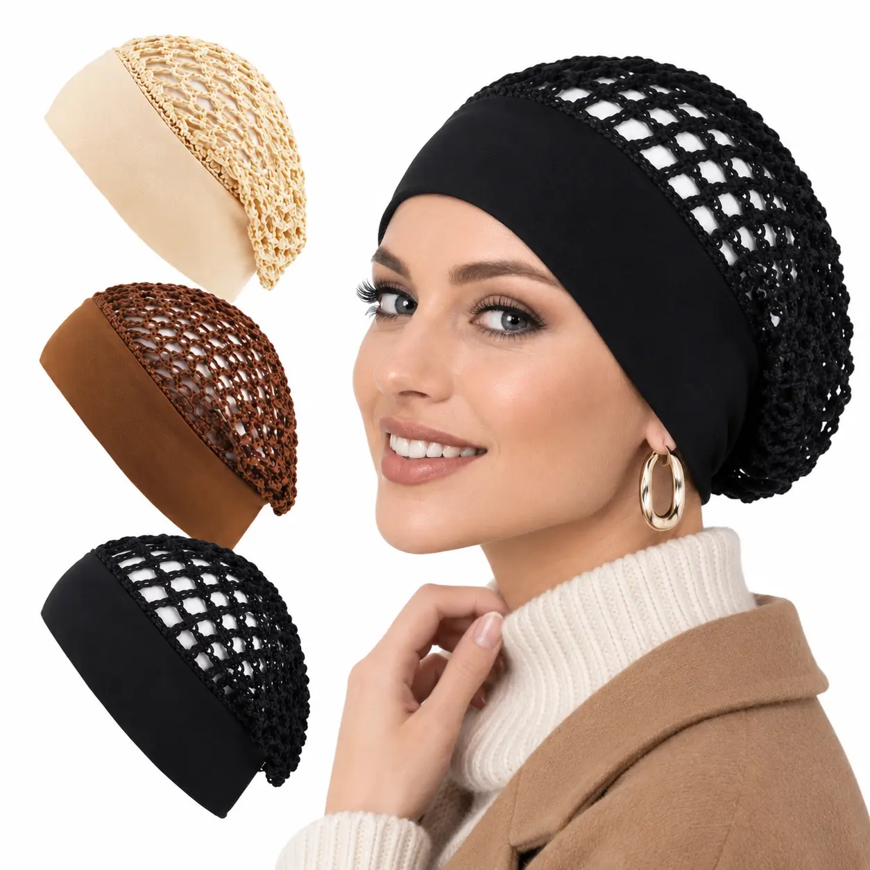 Women’s 3-Piece Stretchy Wide-Edge Sleeping Cap Set, Stretch Crochet Open-Weave Breathable Bonnets for Women, Night Care Hair Protection Hair Nets