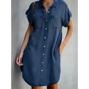 Plus Size Women's French Retro Denim Dress - V-Neck Short Sleeve A-Line Mid-Length Dress with Button Front & Roll-Up Sleeves, Loose Fit for Commuting, Dating & Casual Outings (Spring/Summer/Fall), Fall Fashion, Durable Construction, Stylish