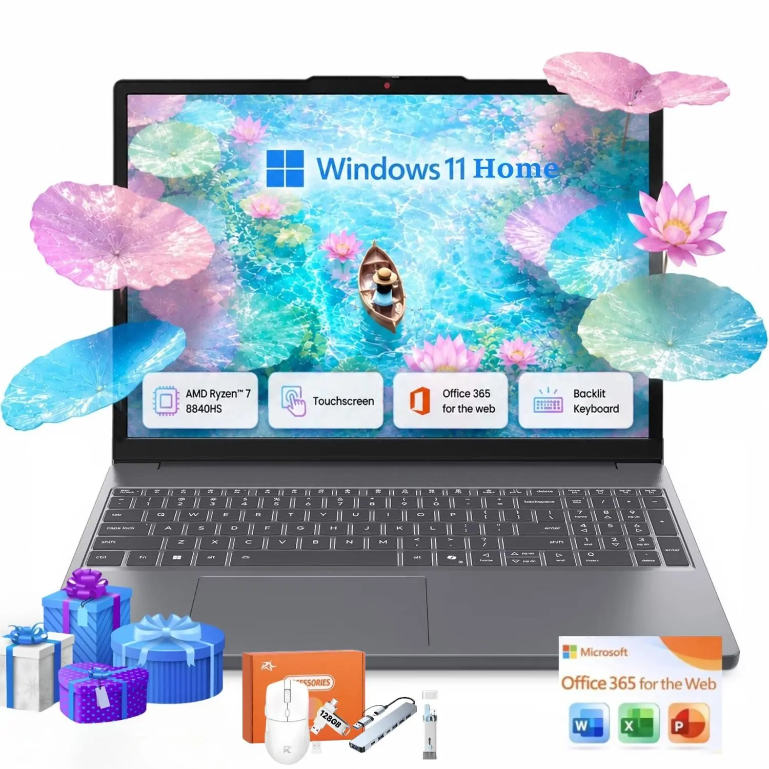 Lenovo 15.3‘’ Touchscreen Laptop Ryzen 7 8840HS Gray 2026,up to 32GB 1TB SSD, 1080p FHD IR camera, Radeon 780M graphics, Win 11 Home, Backlit keyboard,Bundle Accessories