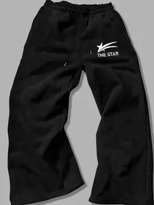 Men's Solid Color Star & Letter Print Drawstring Waist Sweatpants, Loose Casual Comfy Street Fashion Pocket Straight Leg Trousers for Daily Wear, All-match Bottoms for All Seasons