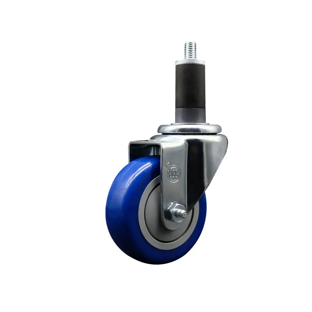 Service Caster SCC-EX20S3514-PPUB-BLUE-114 Polyurethane Expanding Stem Swivel Chrome Caster, 3.5 in. Blue Wheel, 1.25 in. Stem, 300 lbs Capacity, for Equipment with Round or Square Tube Legs, 5" H X 5" W X 5" L, Swivel Type