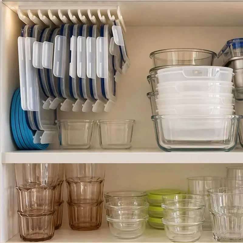 Food Container Lid Organizer for Cabinet, Space-Saving Lid Hanger Rack for Cupboard Doors, Kitchen Storage Organizer for Plastic and Glass Container Lids, Easy-Access Cabinet Organization