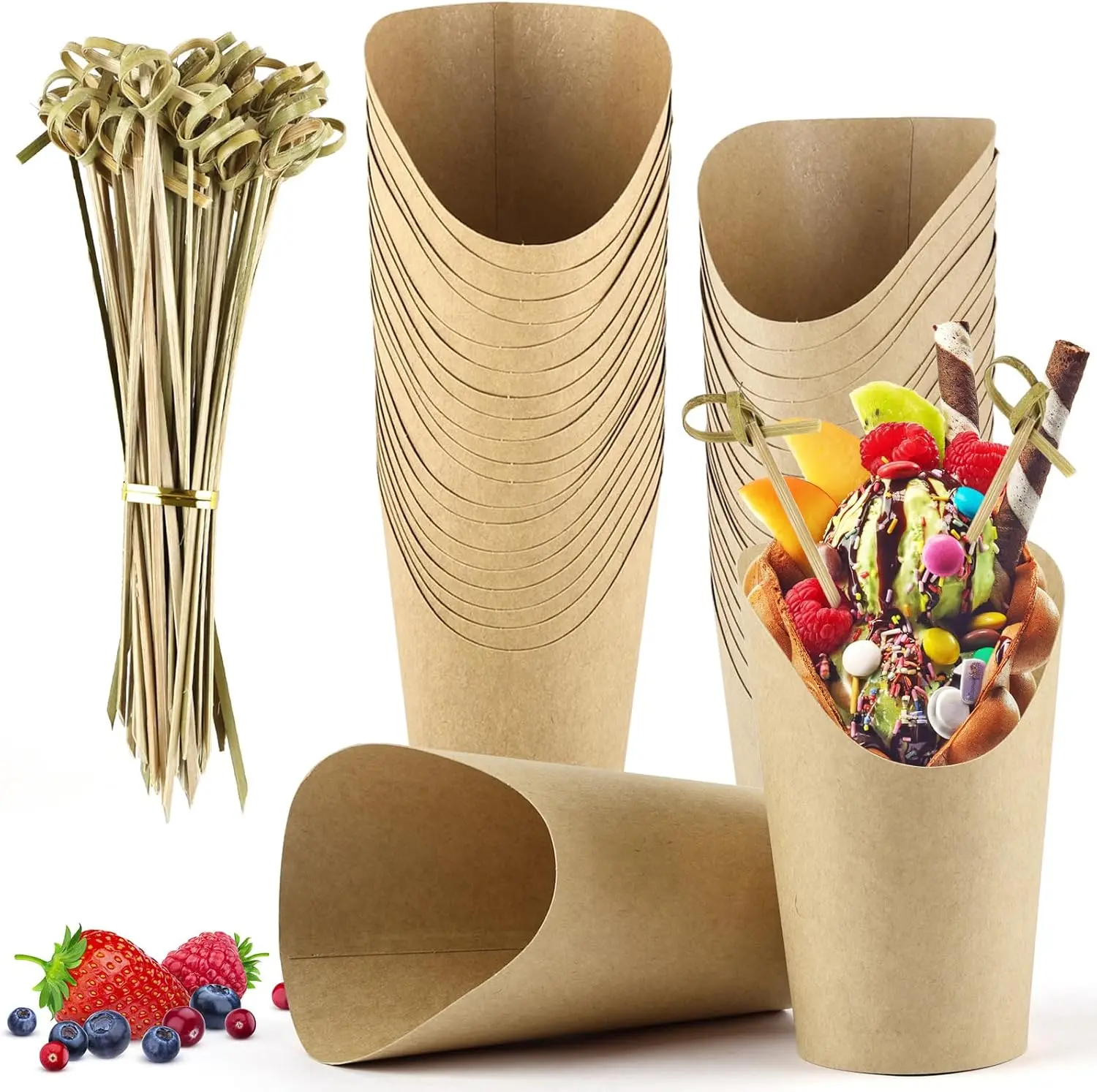 Bamboo Disposable Charcuterie Cups Set - 50-Piece 12oz Lightweight Kraft Paper Cups, 100 Cocktail Picks, Disposable Tableware for Birthday, Festive Gatherings