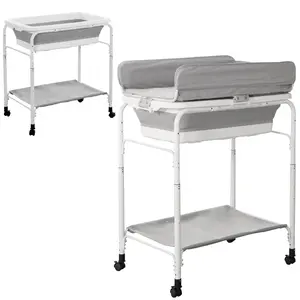 2-in-1 Portable Baby Changing Table with Baby Tub,Foldable Changing Table, Baby Changing Station with Wheels， Height Adjustable Diaper Changing Table for Infant and Newborn